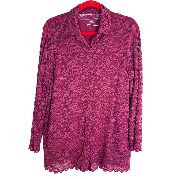Women Top L Pink Floral Mesh Preppy Classic Mature Office Boho Western 80s Retro - Picture 1 of 12